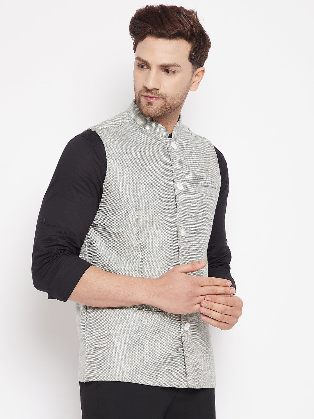 Men's Green Color Woven Nehru Jacket