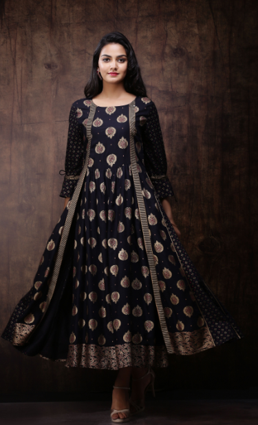 Women's Black Rayon Printed Jacket Style Kurta Dress1