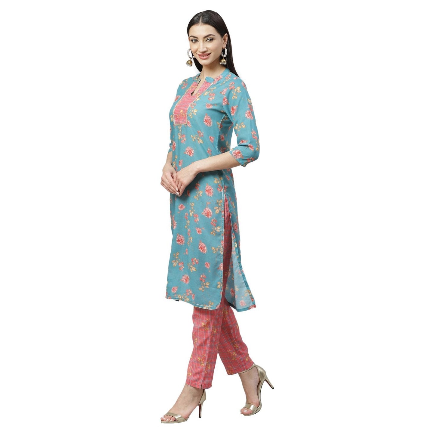 Women's Multicolor Poly Cotton Printed 3/4 Sleeve Mandrin Neck Casual Kurta Pant Set