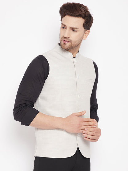 Men's Cream Color Woven Nehru Jacket