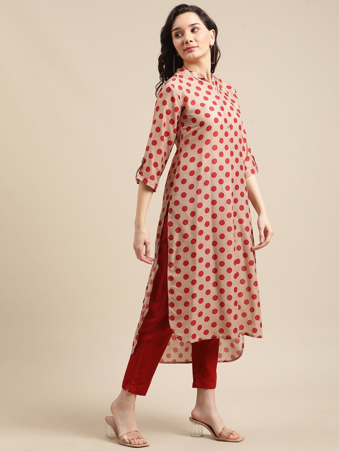 Women's Rust And Beige Polka Dot Printed High -Low Kurta