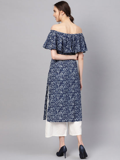 Women's Blue Cotton Printed Cold Shoulder Sleeves Off Shoulder Neck Casual Kurta Only