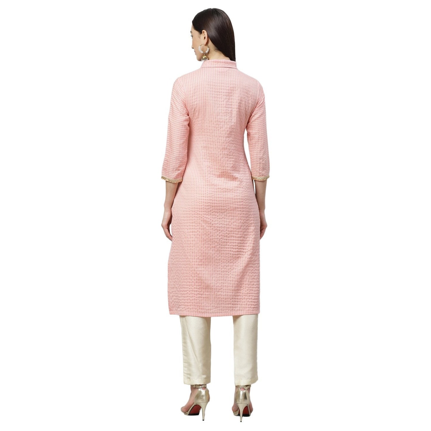 Women's Pink Cotton Check 3/4 Sleeve Shirt Collar Casual Kurta Only