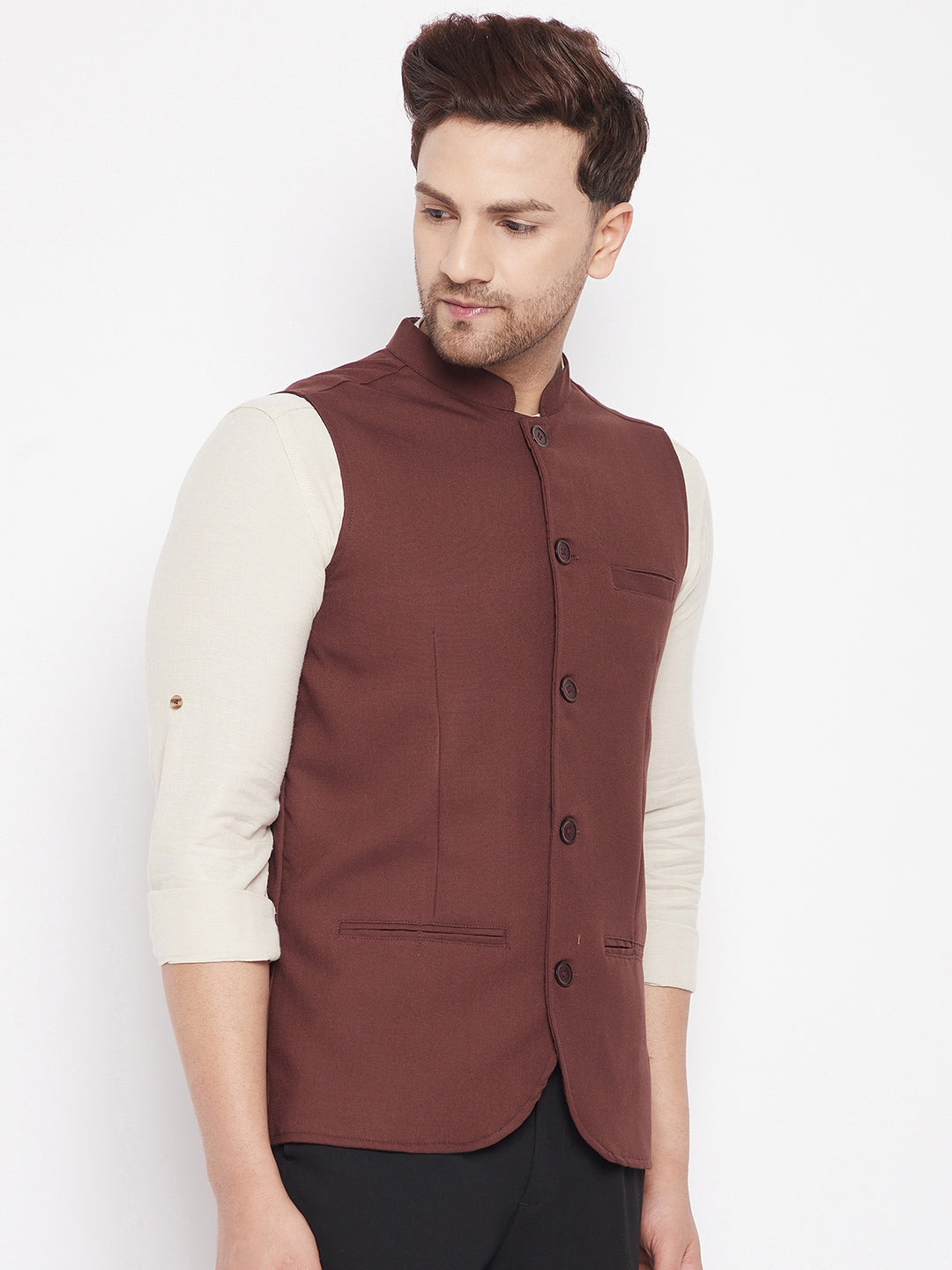 Men's Maroon Color Woven Nehru Jacket
