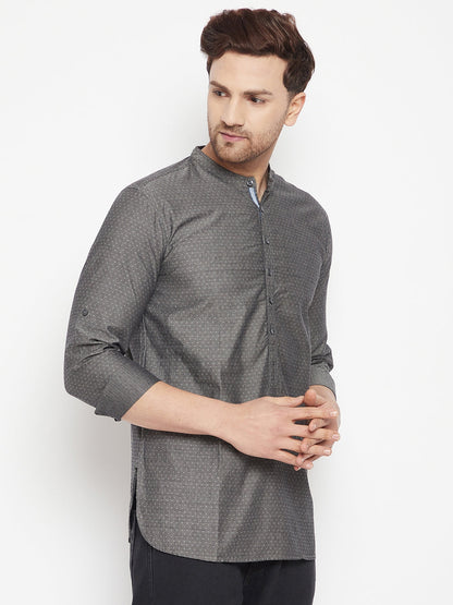 Men's Grey Color Short Kurta with Band Collar