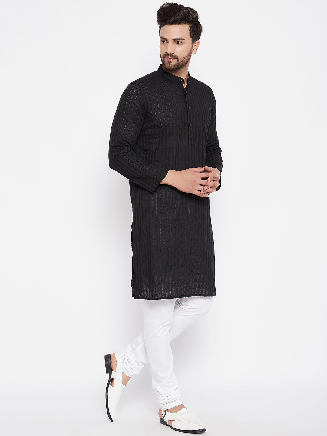 Men's Cotton Striped Black Kurta