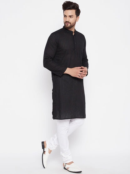 Men's Cotton Striped Black Kurta