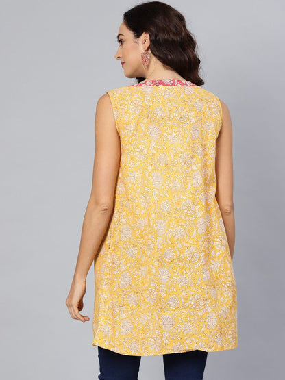 Women's Yellow Cotton Printed Sleveeless V-Neck Shurg