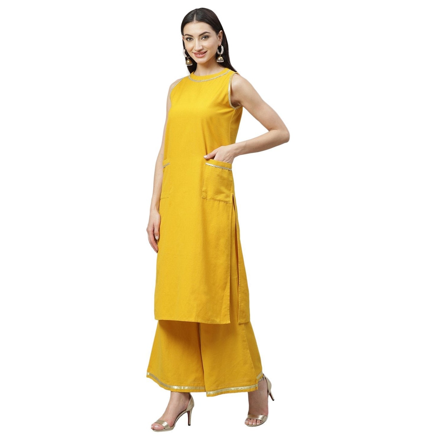 Women's Mustrd Cotton Solid Sleeveless Round Neck Casual Kurta Palazzo Set