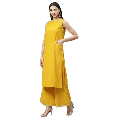 Women's Mustrd Cotton Solid Sleeveless Round Neck Casual Kurta Palazzo Set