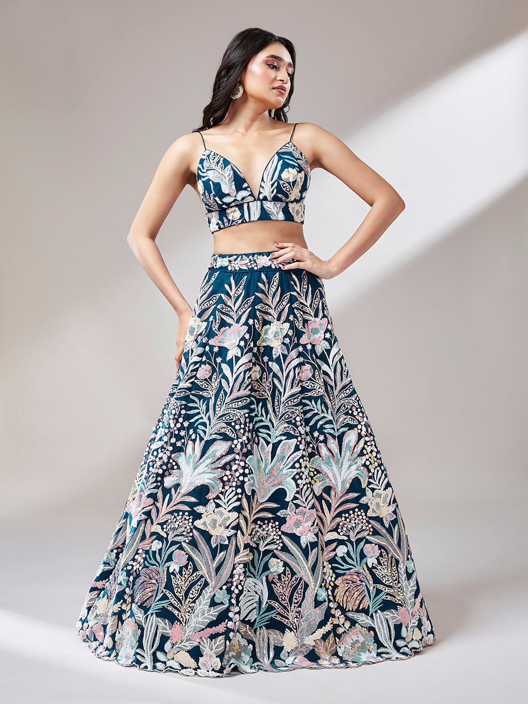 Women 's Navy blue Net Sequinse Work Ready to Wear Lehenga & stitched Blouse with Dupatta