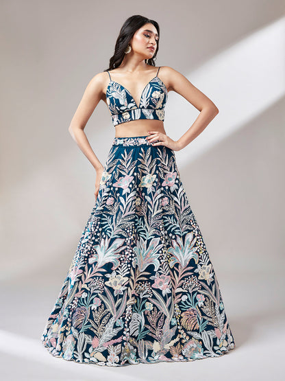 Women 's Navy blue Net Sequinse Work Ready to Wear Lehenga & stitched Blouse with Dupatta
