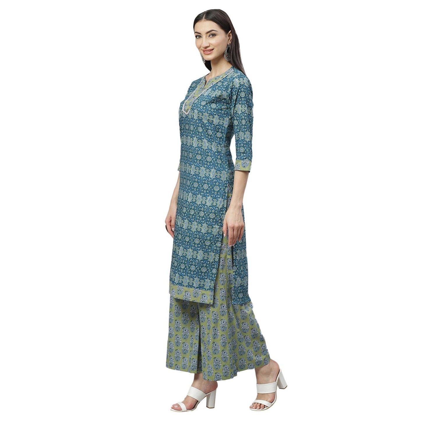 Women's Green Cotton Printed Sleeveless Round Neck Casual Kurta Pant Set
