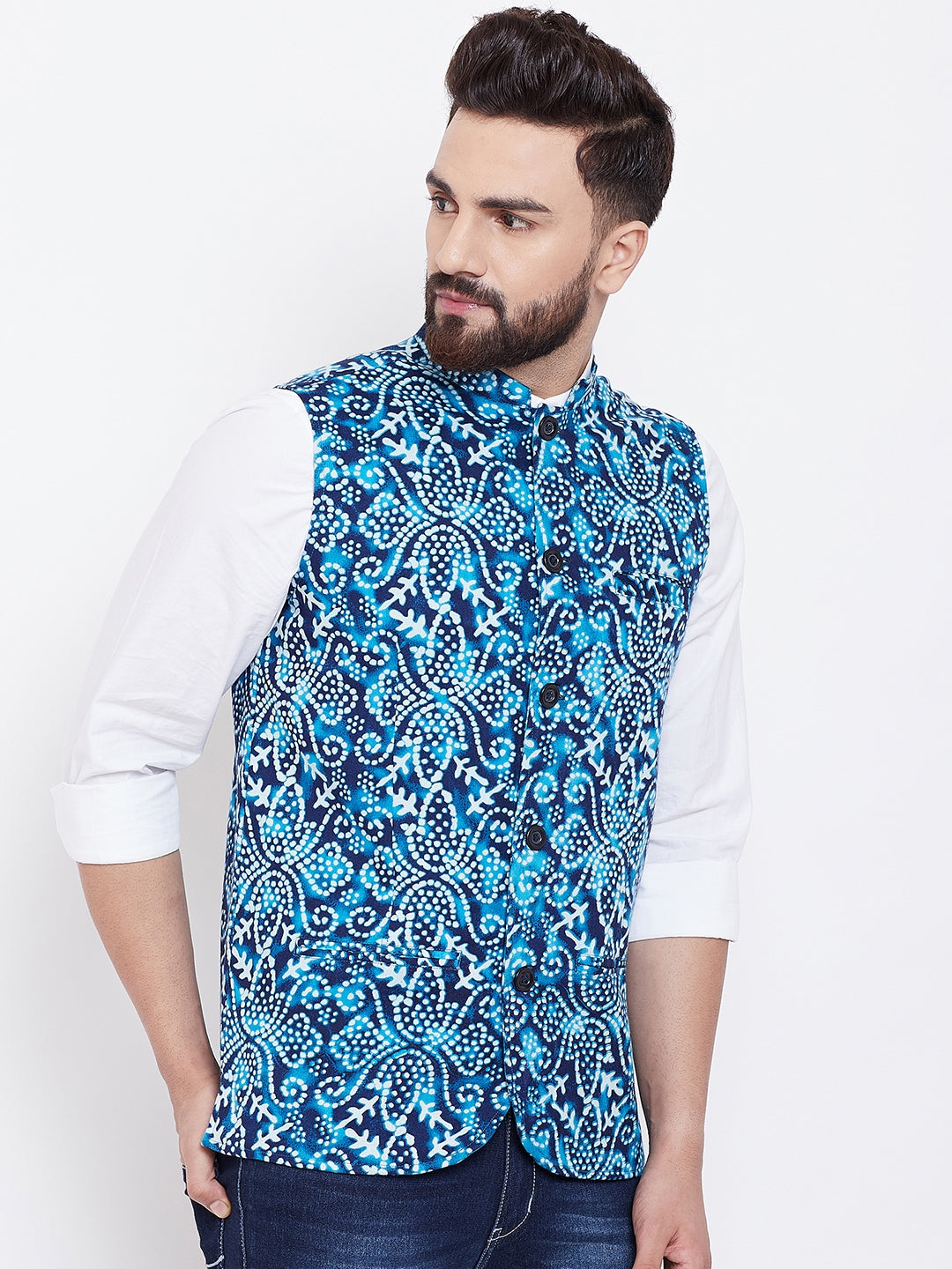 Men's Blue Printed Nehru Jacket
