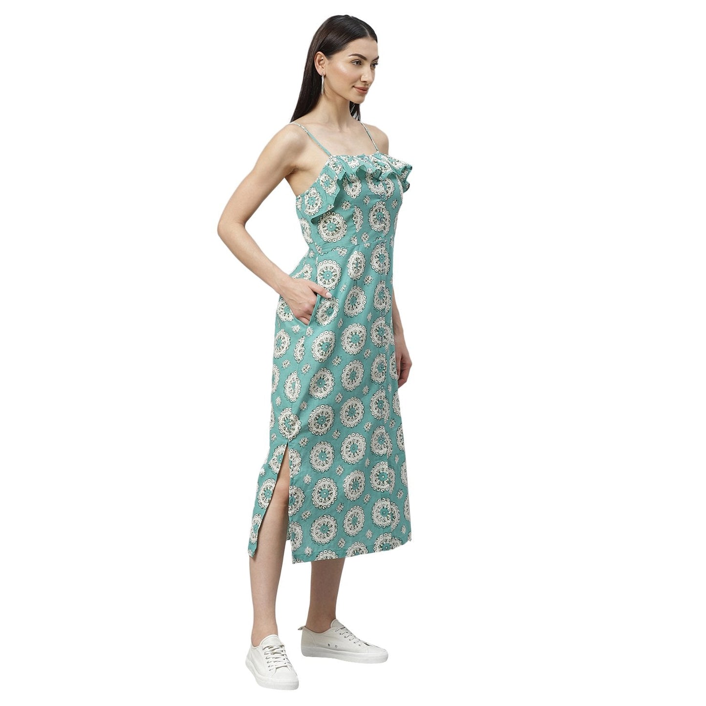 Women's Blue Cotton Printed Sleeveless Srep Neck Casual Dress