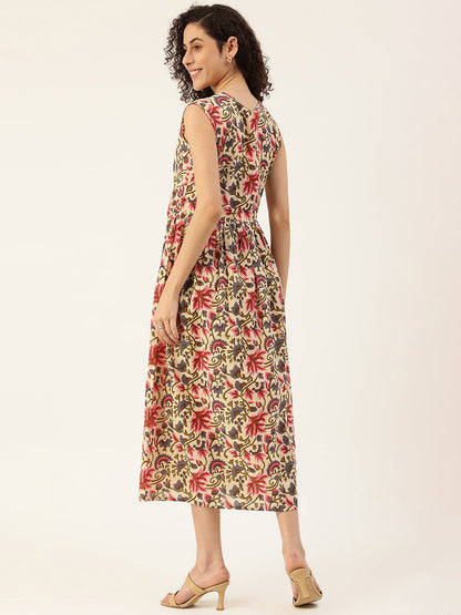 Women's Beige Printed Cowl Belt Cotton Dress