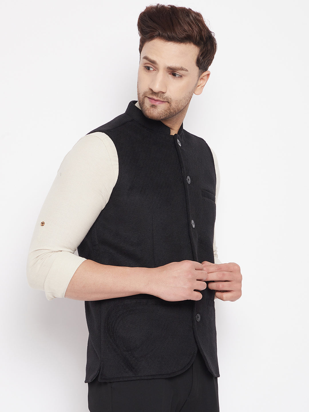 Men's Black Color Woven Nehru Jacket