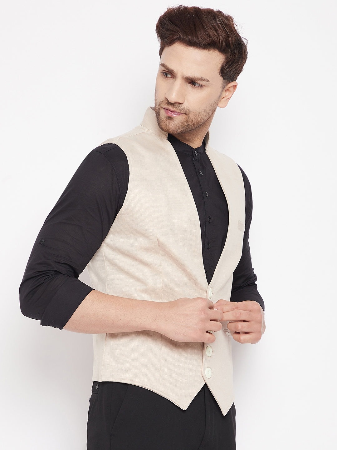 Men's Cream Color Woven Nehru Jacket