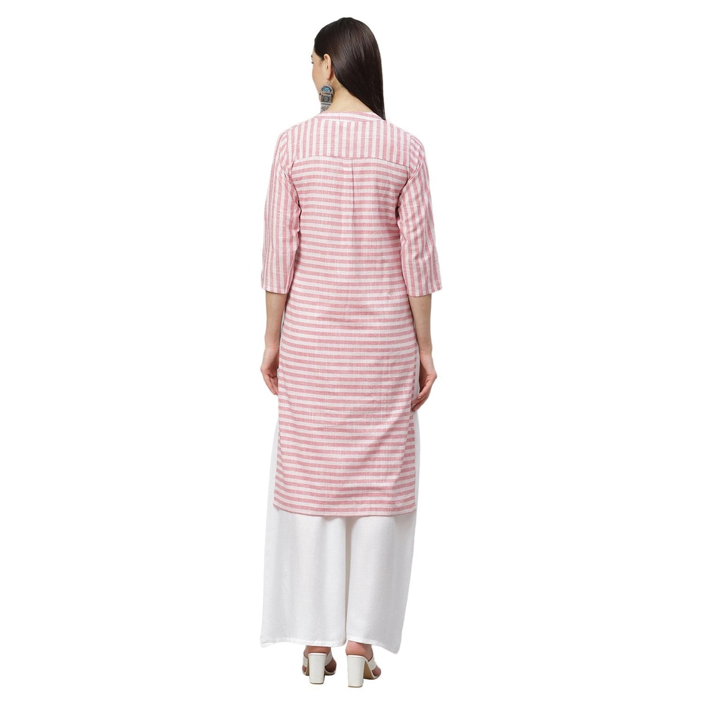 Women's Pink Cotton Check 3/4 Sleeve Mandrin Neck Casual Kurta Only