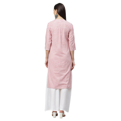 Women's Pink Cotton Check 3/4 Sleeve Mandrin Neck Casual Kurta Only