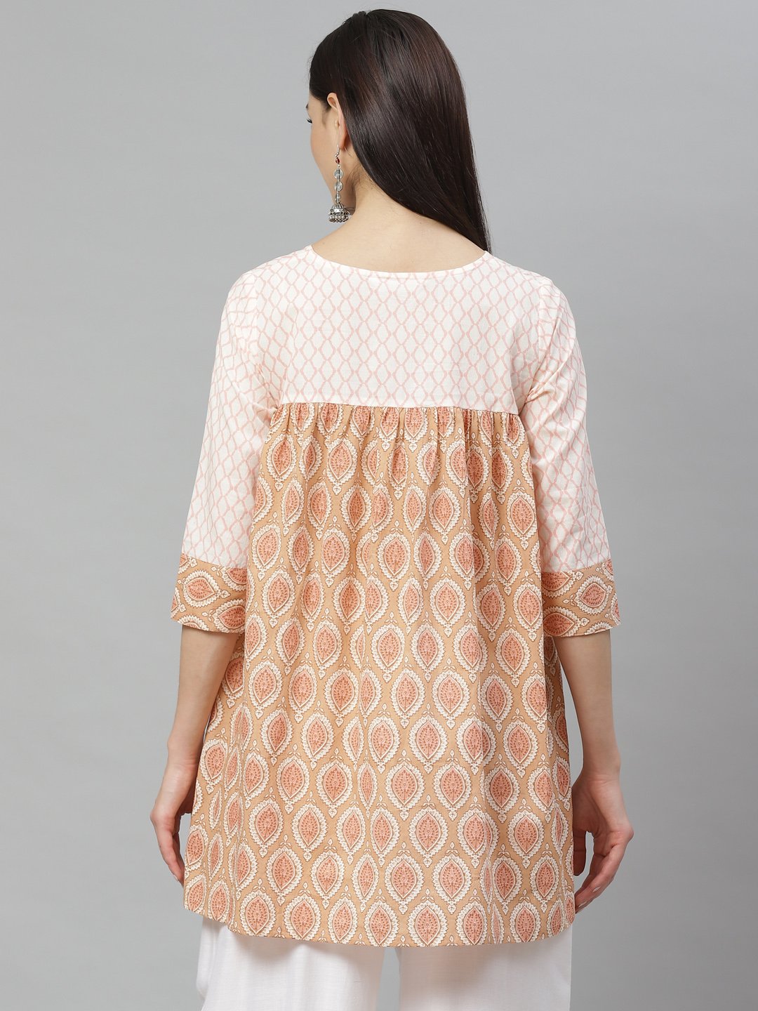 Women's Beige Cotton Printed Printed 3/4 Sleeve Round Neck Casual Tunic