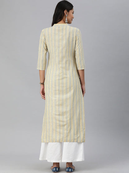 Women's KSUT Off White And Yellow Stripe Woven Kurta