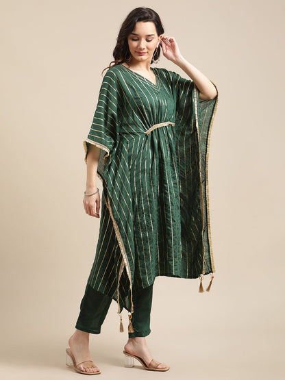 Women's Green Gold Lurex Striped Kurta Kaftan With Straight Trouser