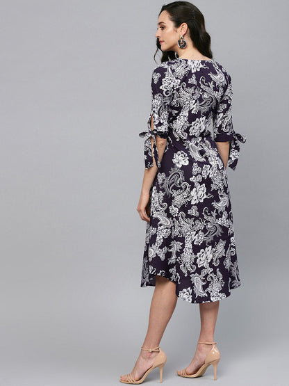 Women Navy Blue Printed Dress by Myshka (