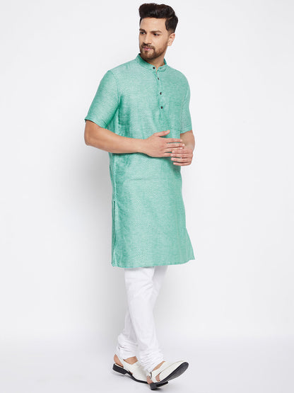 Men's Cotton Striped Green Kurta