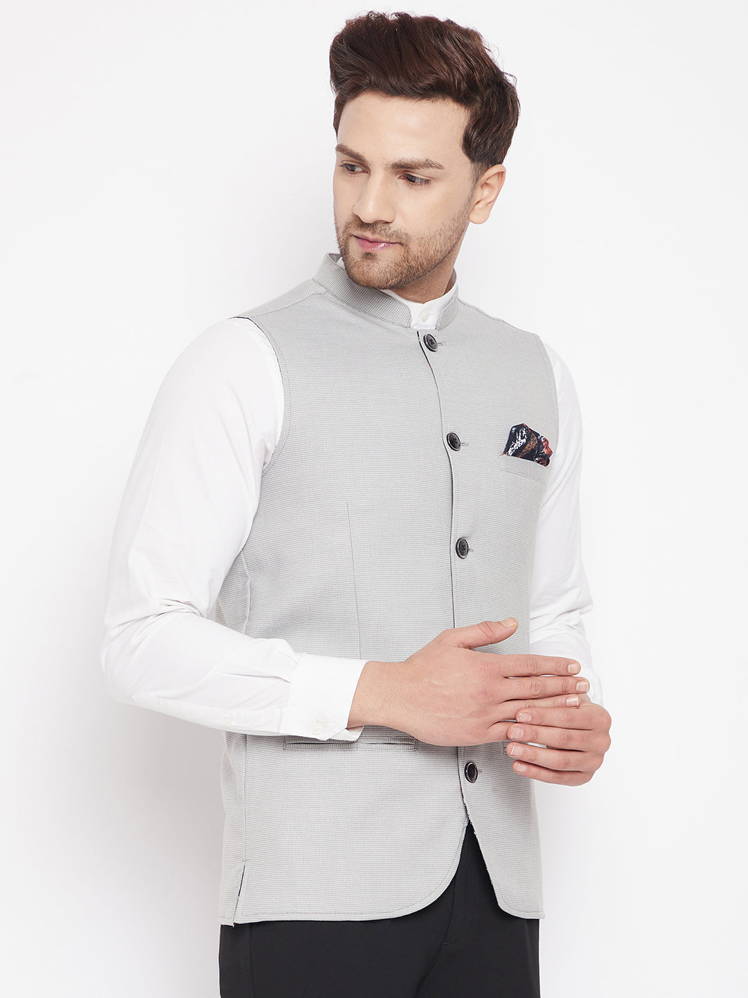 Men's Grey Color Nehru Jacket-Contrast Lining-Free Pocket Square