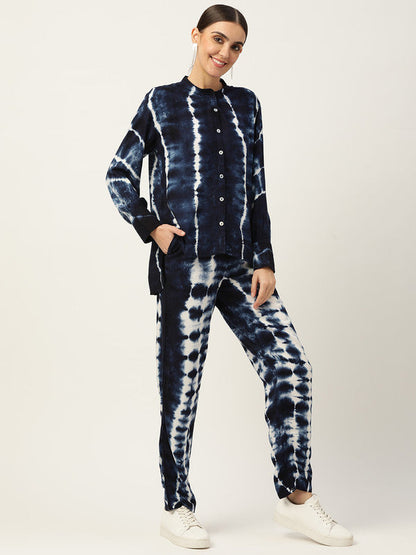 Women's Navy Blue White Tie Dyed Co-Ords