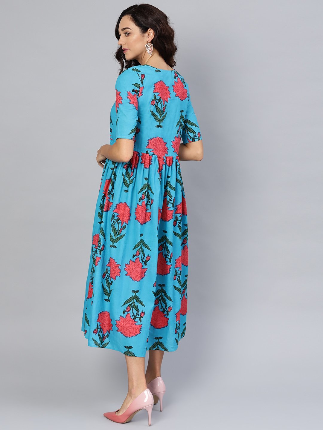 Women's Sky Blue Cotton Printed 3/4 Sleeve Round Neck Dress