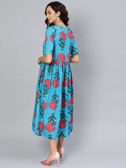 Women's Sky Blue Cotton Printed 3/4 Sleeve Round Neck Dress