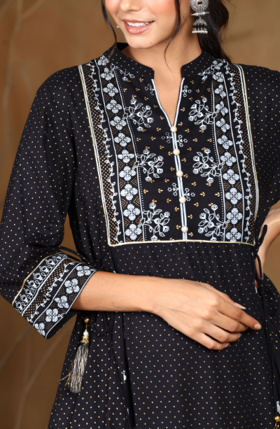 Women's Black Rayon Printed A-Line Kurta