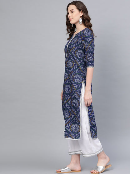 Women Blue Cotton Printed Kurta Palazzo Set by Myshka (