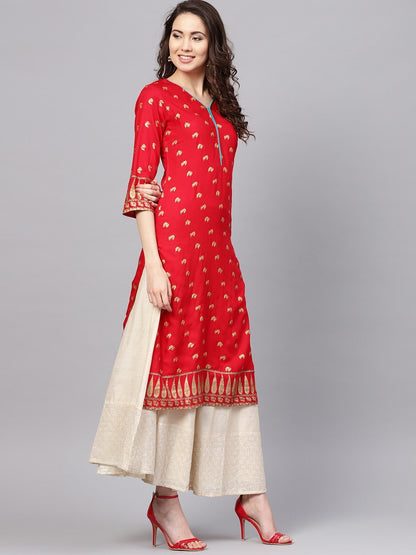Women's Blue Rayon Printed Short Sleeve Round Neck Casual Kurta Only
