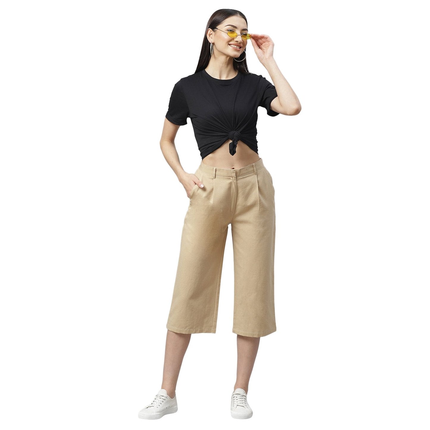 Women's Off White Cotton Solid Casual Trouser