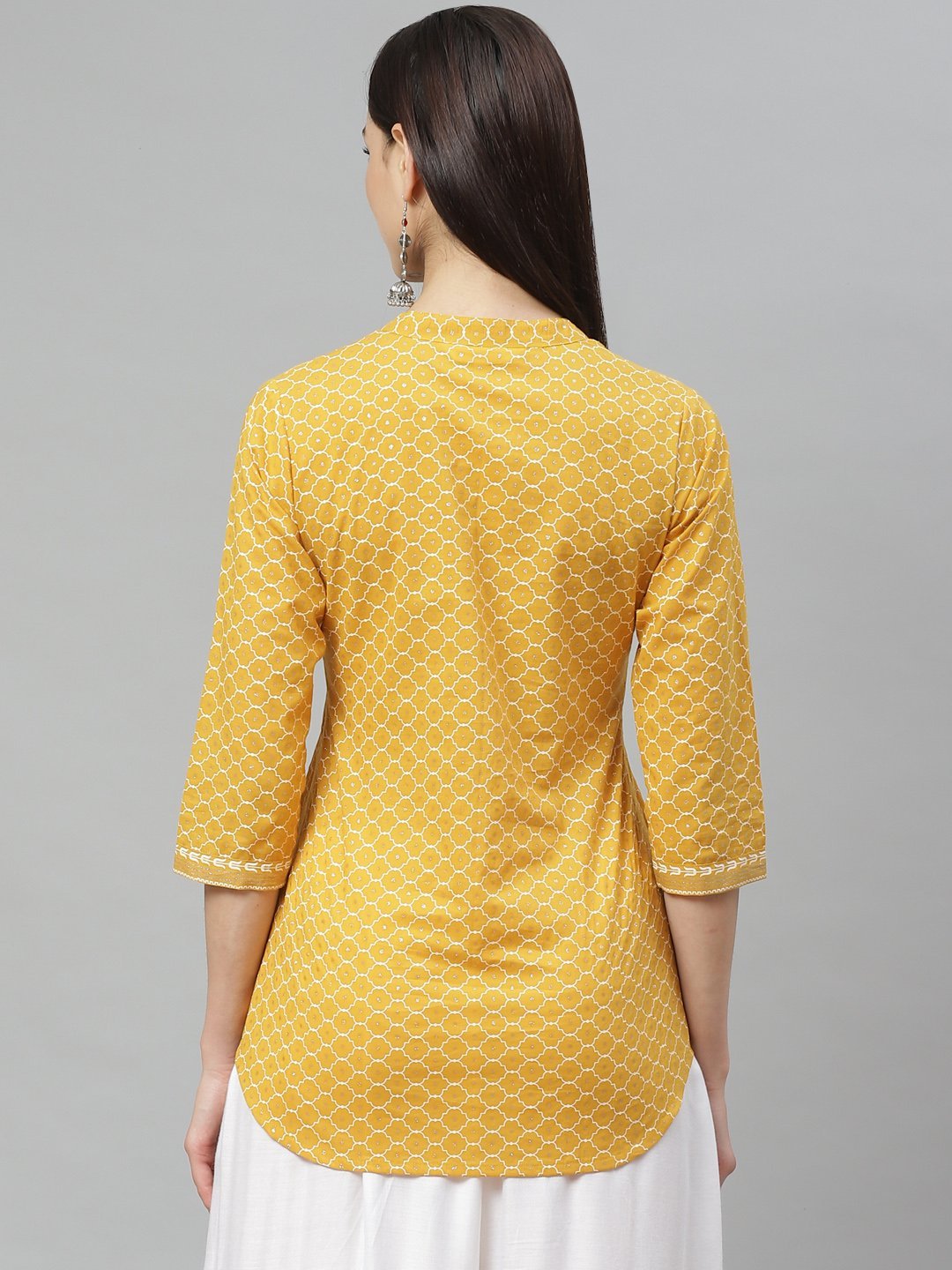 Women's Mustrd Cotton Glitor Printed Printed 3/4 Sleeve Collar Casual Tunic