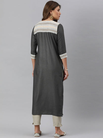 Women's KSUT Grey And Off White Straight Kurta With Stripe Woven Yoke And 3/4Th Sleeves