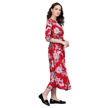 Women's Red Polyester Printed Half Sleeve V Neck Casual Dress