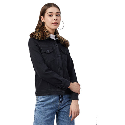 Women's Black Denim Jacket with Detachable Animal Fur Collar