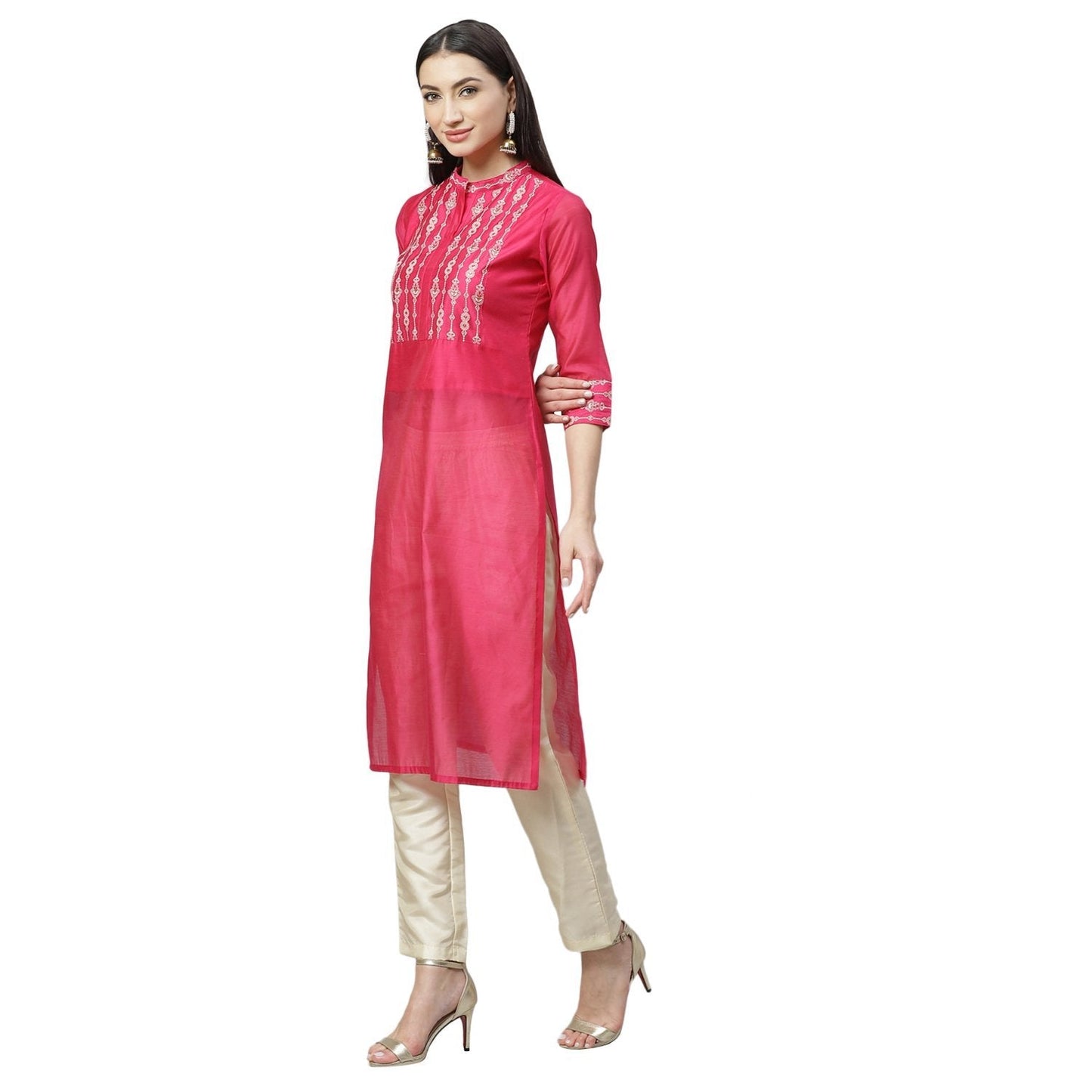 Women's Pink Chanderi Printed 3/4 Sleeve Collar Casual Kurta Pant Set