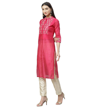 Women's Pink Chanderi Printed 3/4 Sleeve Collar Casual Kurta Pant Set