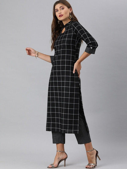 Women's KSUT Women Black & White Checked Kurti with Trousers