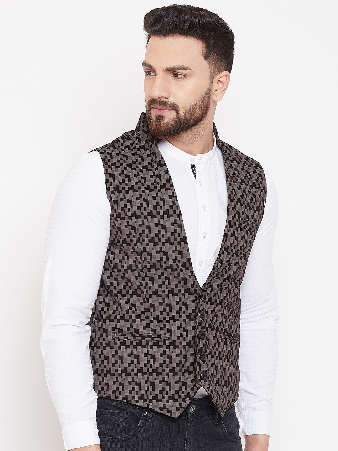 Men's Printed Brown Cotton Waistcoat