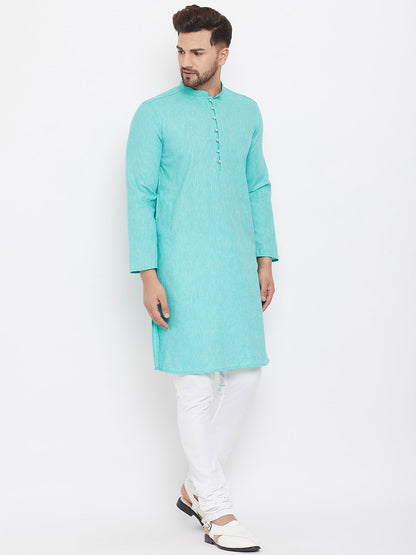 Men's Solid Turquoise Placket Detail Cotton Kurta