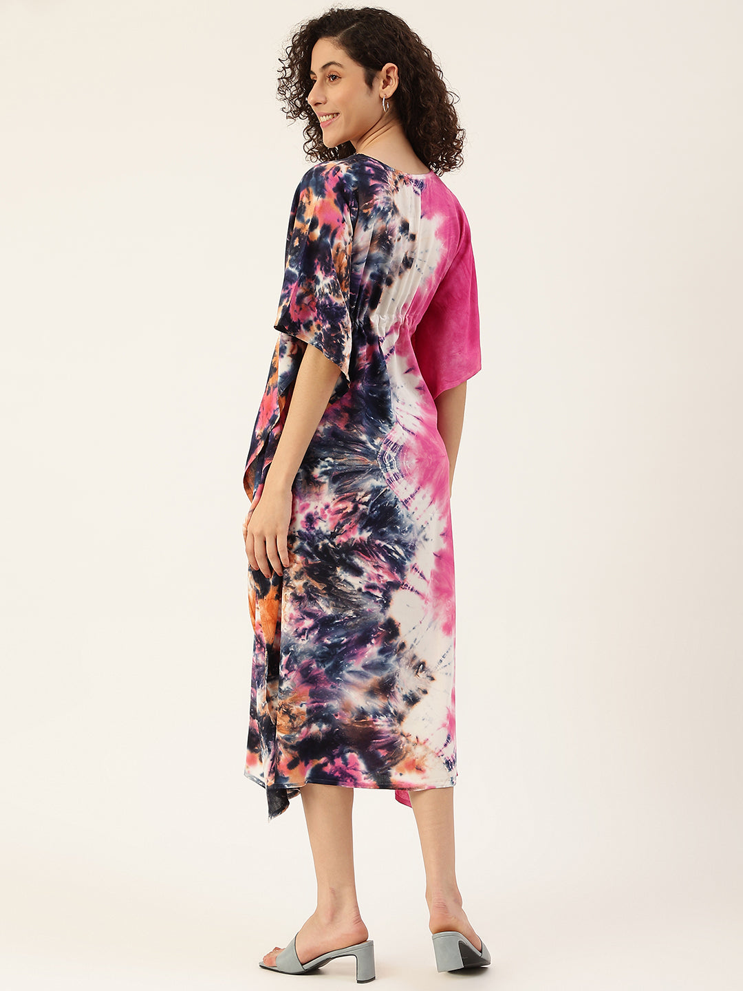 Women's Pink-Blue Tie-dye Rayon Kaftan Dress