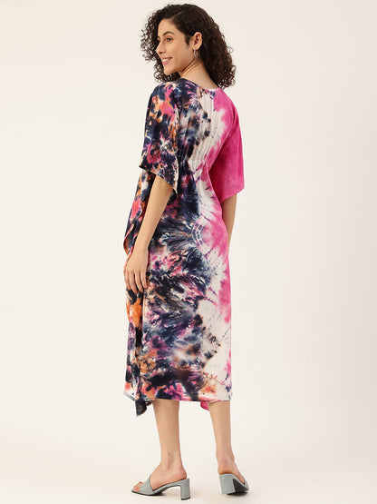 Women's Pink-Blue Tie-dye Rayon Kaftan Dress