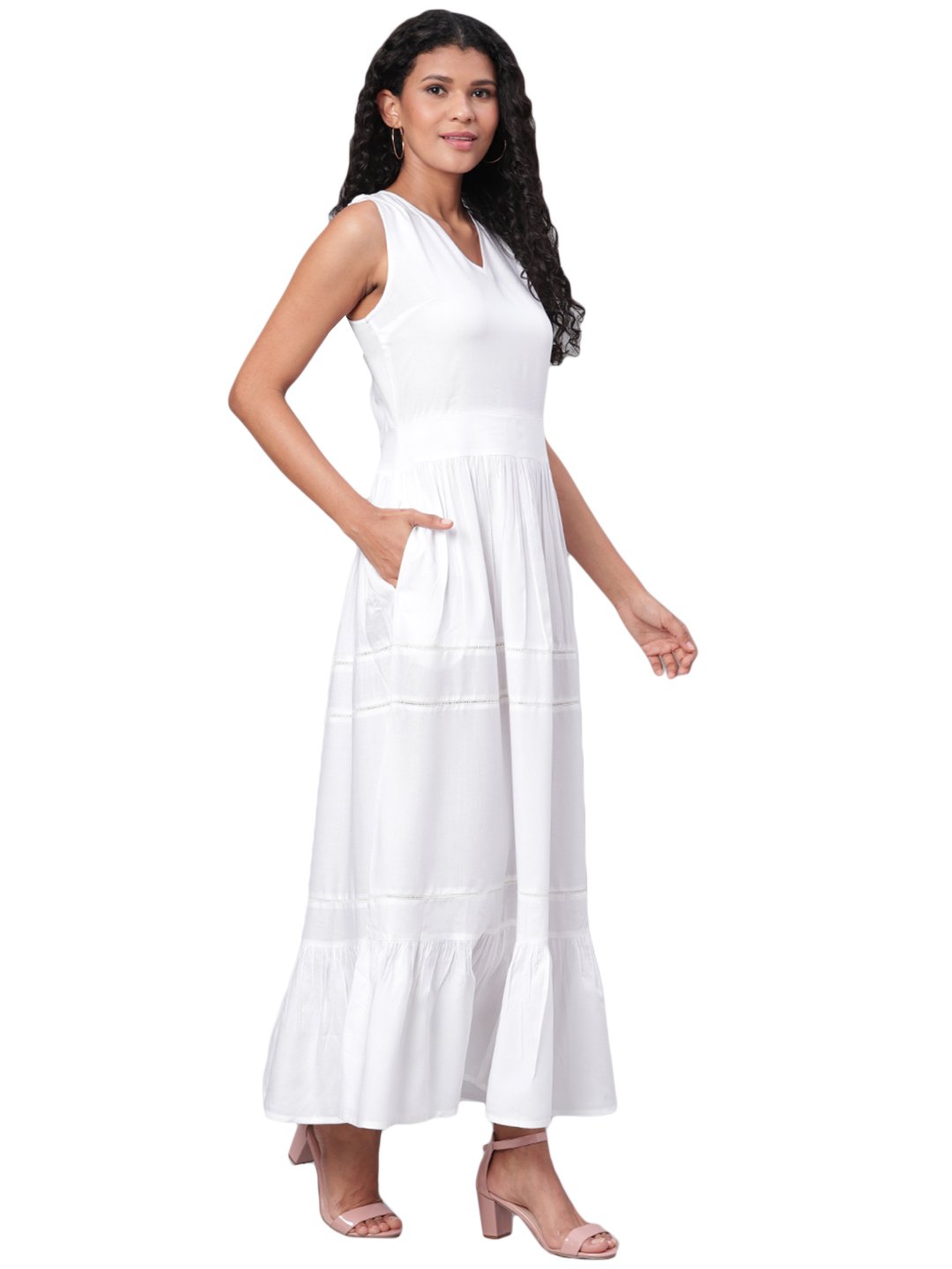 Women's White Solid Sleeveless Cotton V Neck Casual Dress