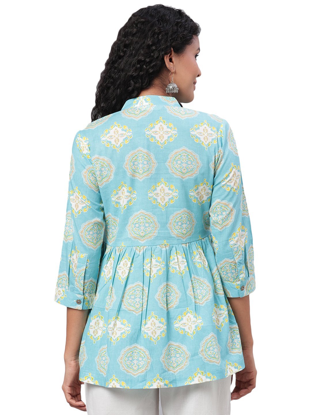 Women's Green Printed 3/4 Sleeve Coller Neck Cotton Casual Top